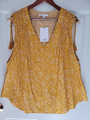 NWT DR2 Plus Size 1x Top V Neck Sleeveless Cinched Tasseled Yellow Pink & White