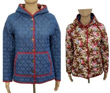 Modcloth Womens Small Reversible Jacket Quilted Hearts Blue Floral Hooded Awmp
