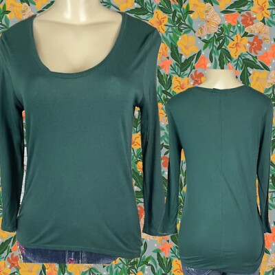 DKNY Jeans S Hunter Green Scoop Neckline Viscose Step-Hem 3/4 Sleeve Top