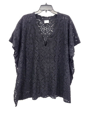 Anna and Ava Kimono Caftan Womens One Size Black Eyelet Short Sleeve Boho Top