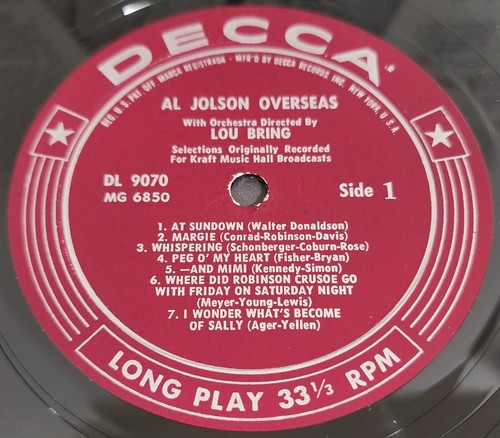 Al Jolson Overseas Vinyl LP Decca Records DL 9070 1959 Original MONO - Picture 4 of 7