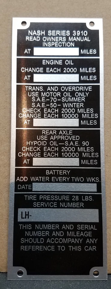 Nash LaFayette 1939 serie 3910 serie # etiqueta de inspección reproducción exacta NORS Foto 2 de 4