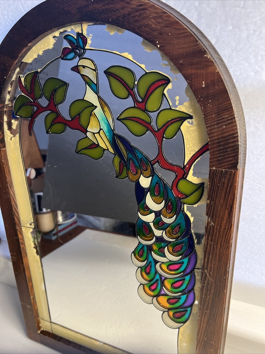 Vtg ANTIQUE Textured Bird FLOWER MIRROR Stain Glass Like Hand