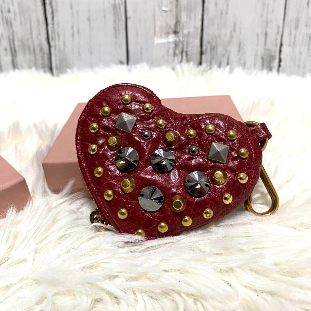 Miu Miu Studded Heart Leather Coin Wallet Purse Case Red Miu Miu Studded Heart Leather Coin Wallet Purse Case Red