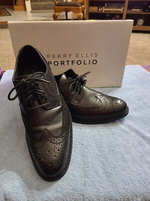 Perry Ellis Portfolio Black Wingtip Oxford Milton Shoes AC20105M Men's Size 8.5
