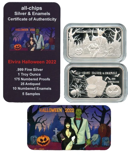 Halloween 2022 Elvira & Frankenstein 1 Oz .999 Fine Silver Proof Bar With COA