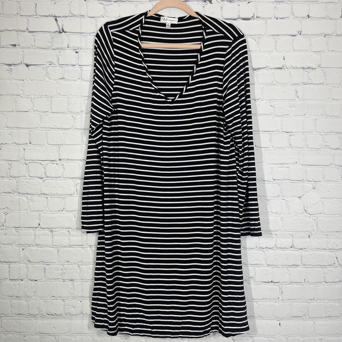 Neiman Marcus Dress Women XL Midi Striped Black White Pullover Flowy Stretch