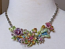 Vintage Enamel Flower  Pendant on Silver Tone Chain Bib Necklace 16.5" (Fas-178)
