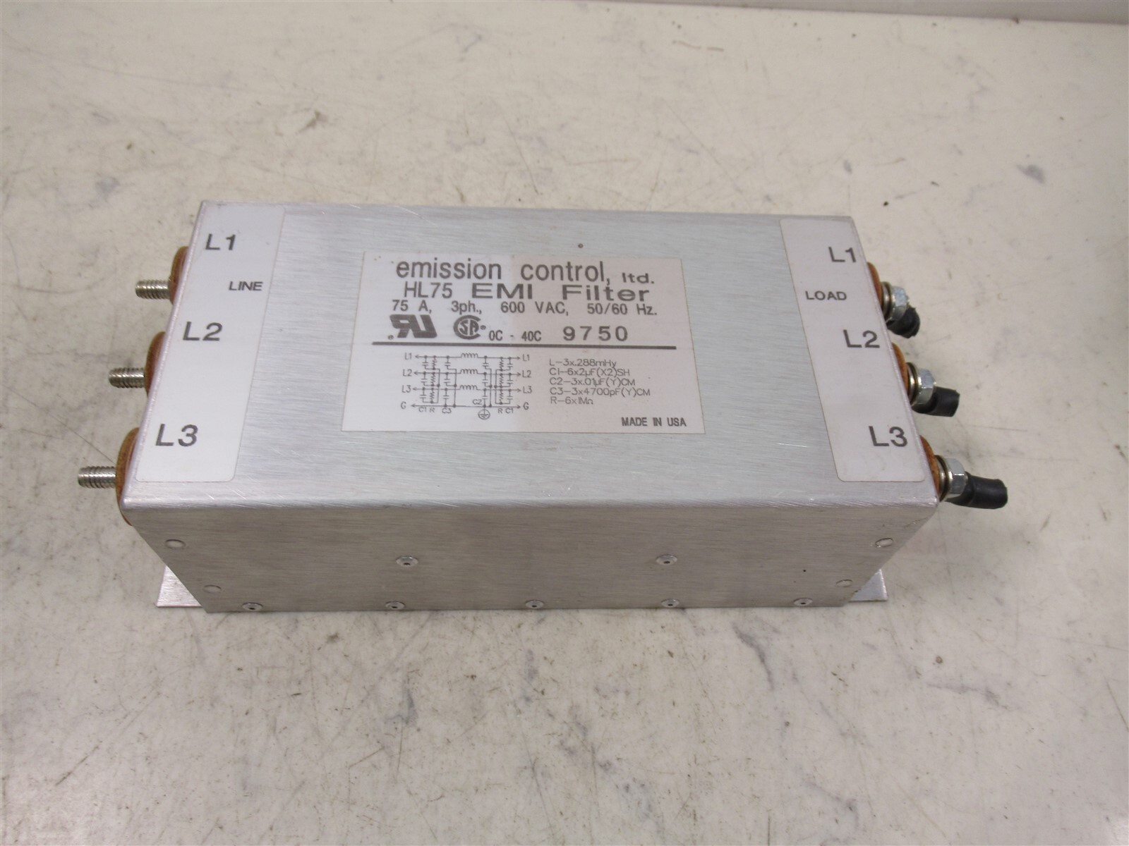 Emission Control HL75 EMI filter 75A 3ph 600 VAC 50/60 Hz 9750