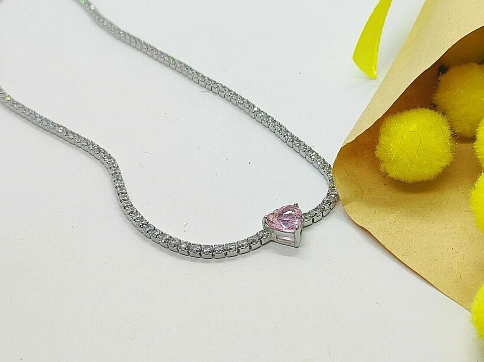 Choker collana donna tennis in Argento 925 zirconi bianchi e cuore rosa - Immagine 3 di 4