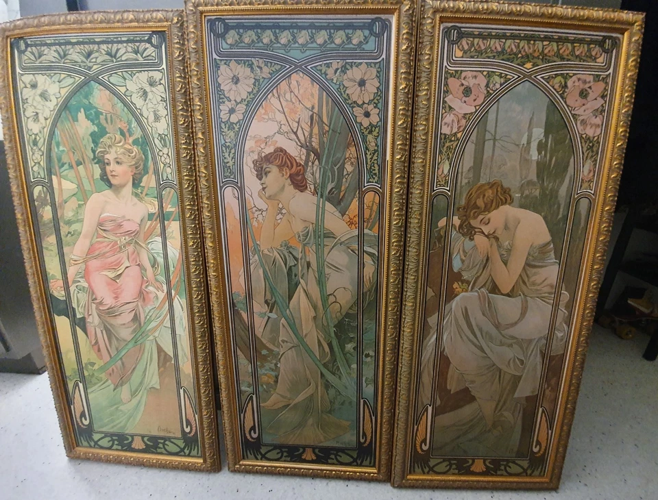 3 hochwertige Drucke gerahmt Gemälde Alphonse Mucha Tageszeiten Art Déco