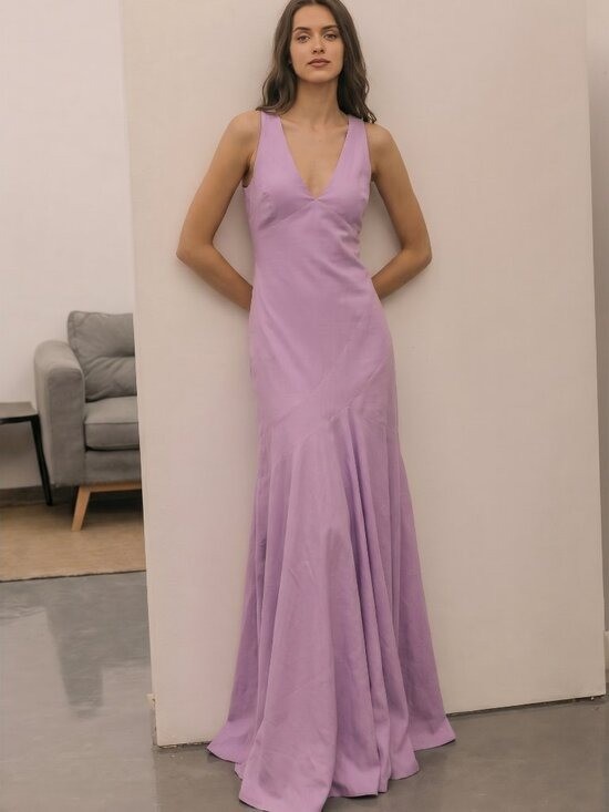 Halston Heritage Tulip Long Evening Gown Sleeveless V Neck Silk Lilac 10 L EUC