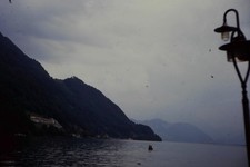 1960s Kodachrome 35mm Slide Kodak Lake Mountain Shoreline Distant Buildings