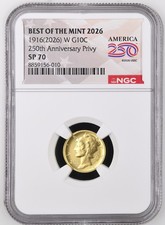 1916 (2026) W 250th Anniv. Privy 1/10 Oz Gold Mercury Dime 10 Cent Coin NGC SP70 7499.90 per troy oz