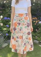 David Lawrence Skirt Size 8 Orange Beige Floral Midi Pleated 100 Cotton Work