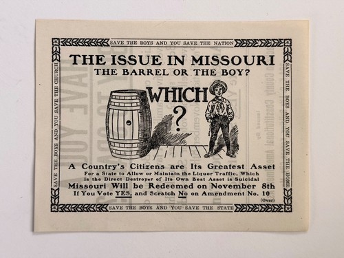 1920’s Missouri Prohibition Era Voting Campaign Ephemera Advertisement