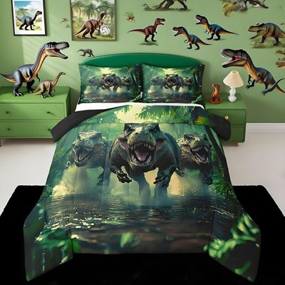 Dino Comforter Set Twin Size for Boys Green Dinosaur Bedding Soft Microfiber ...