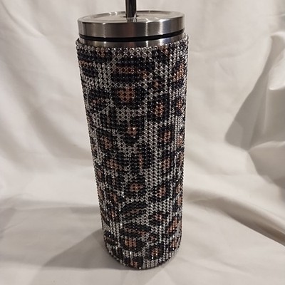 Rhinestone - Embellished Stainless Steel Tumbler W/Leopard Print Design 20 OZ