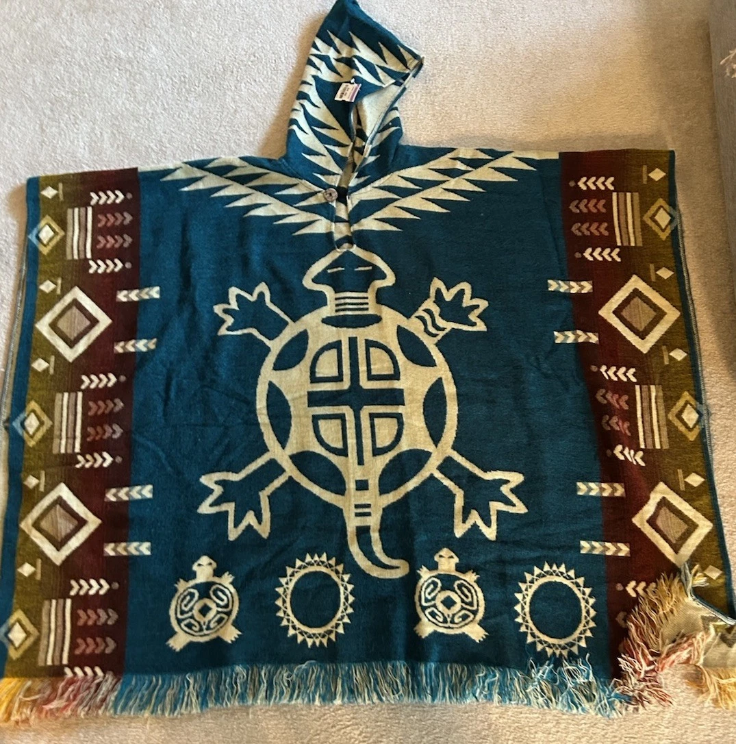 ALPACA PONCHO, UNISEX HOODED, TURTLE MARINE, Exclusively Handcrafted