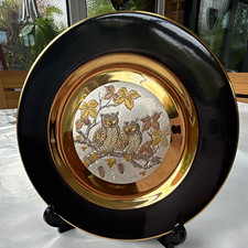 Imperial Chokin Yoshinobu Hara Owl Collector Plate 1983 Black Gold Silver