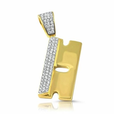 Round Cut Simulated Diamond Razor Blade Charm Pendant 14K Yellow Gold Plated