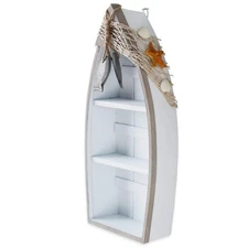2-Shelf Wood Boat Shelf, Nautical Decor with Fishing Net, Starfish, Seashells...