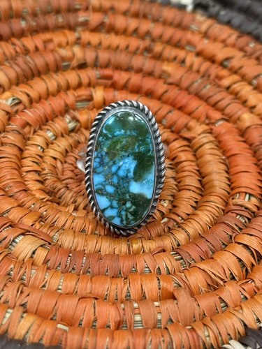 Navajo Sterling Silver Sonoran Gold Turquoise Handmade Adjustable Old Style Ring - Picture 6 of 10