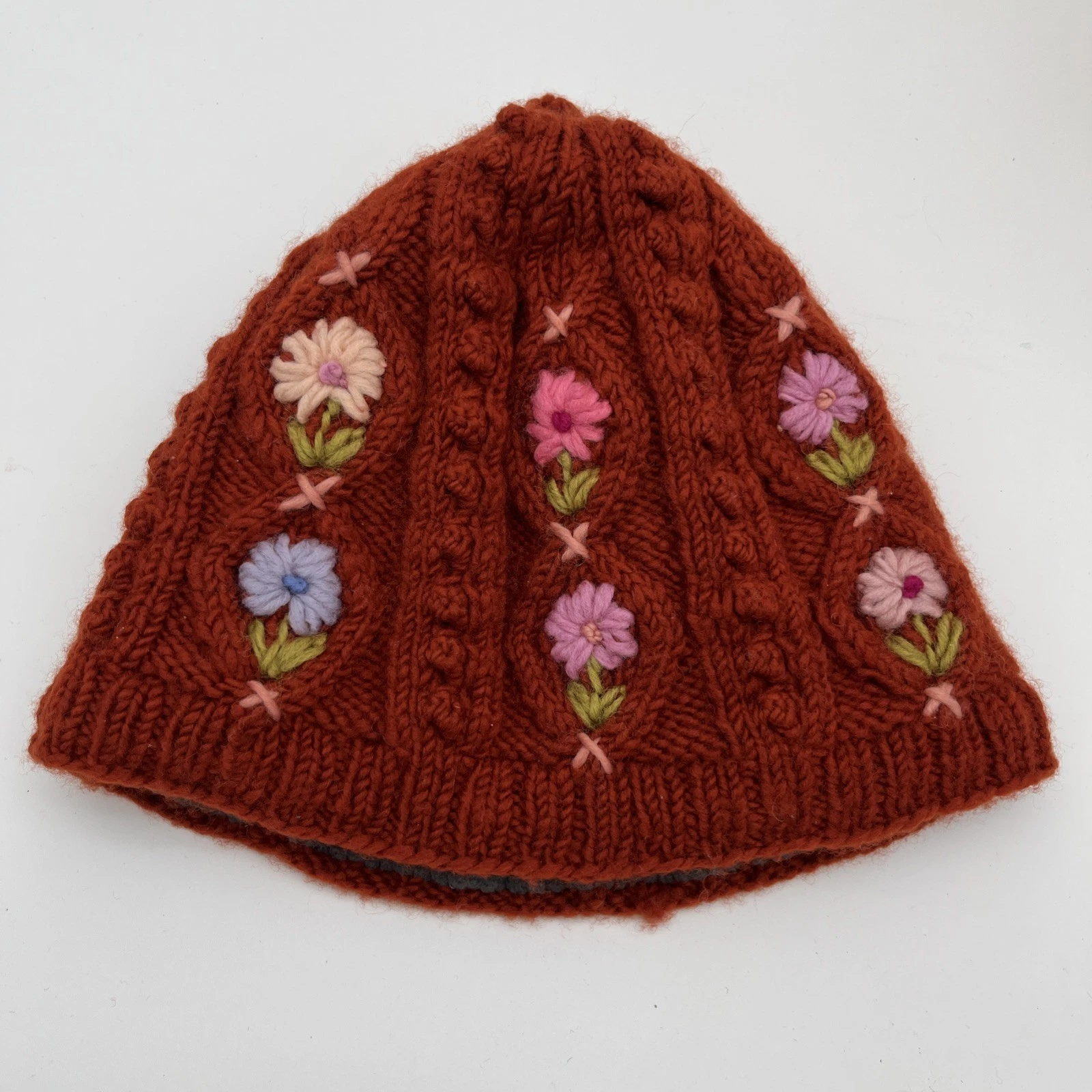 French Knot Sundance Wool And Fleece Lined Floral Beanie Winter Hat Nepal OS