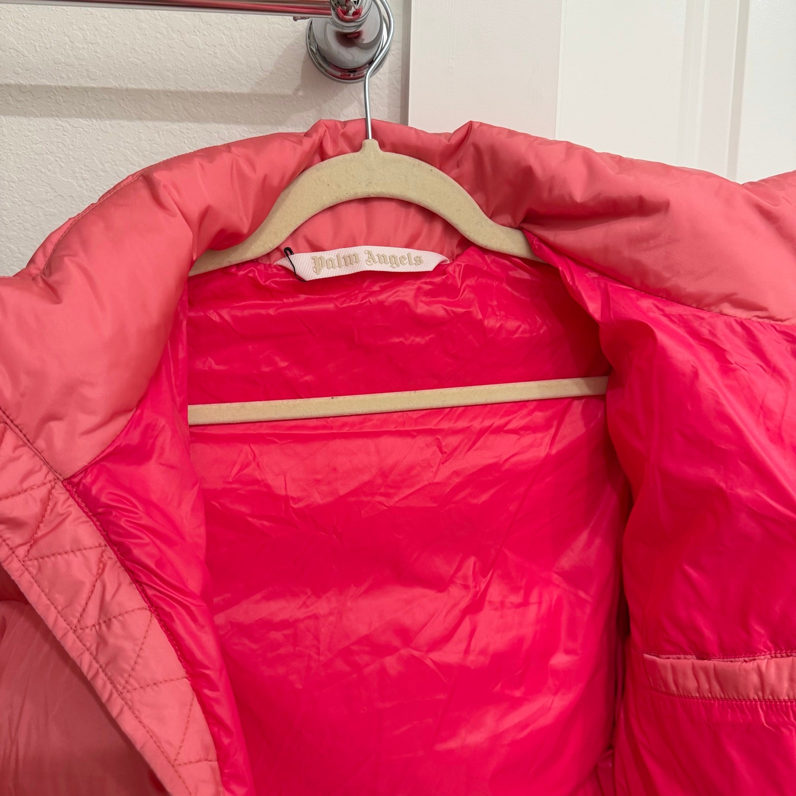 Palm Angels Classic Track Down Puffer Jacket in Pink/White Size XS image 10