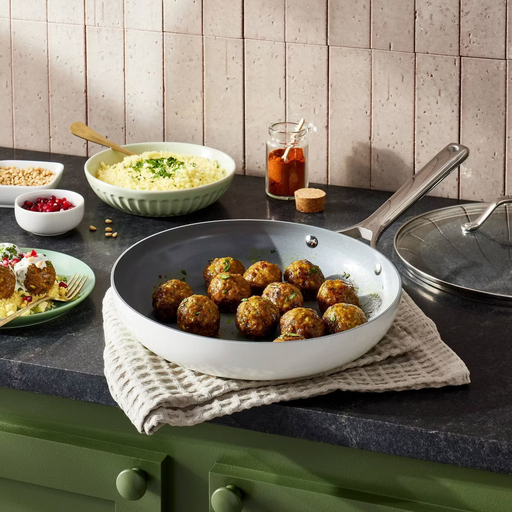 12" Nonstick Ceramic Coated Aluminum Frypan with Cover Cream - Figmint