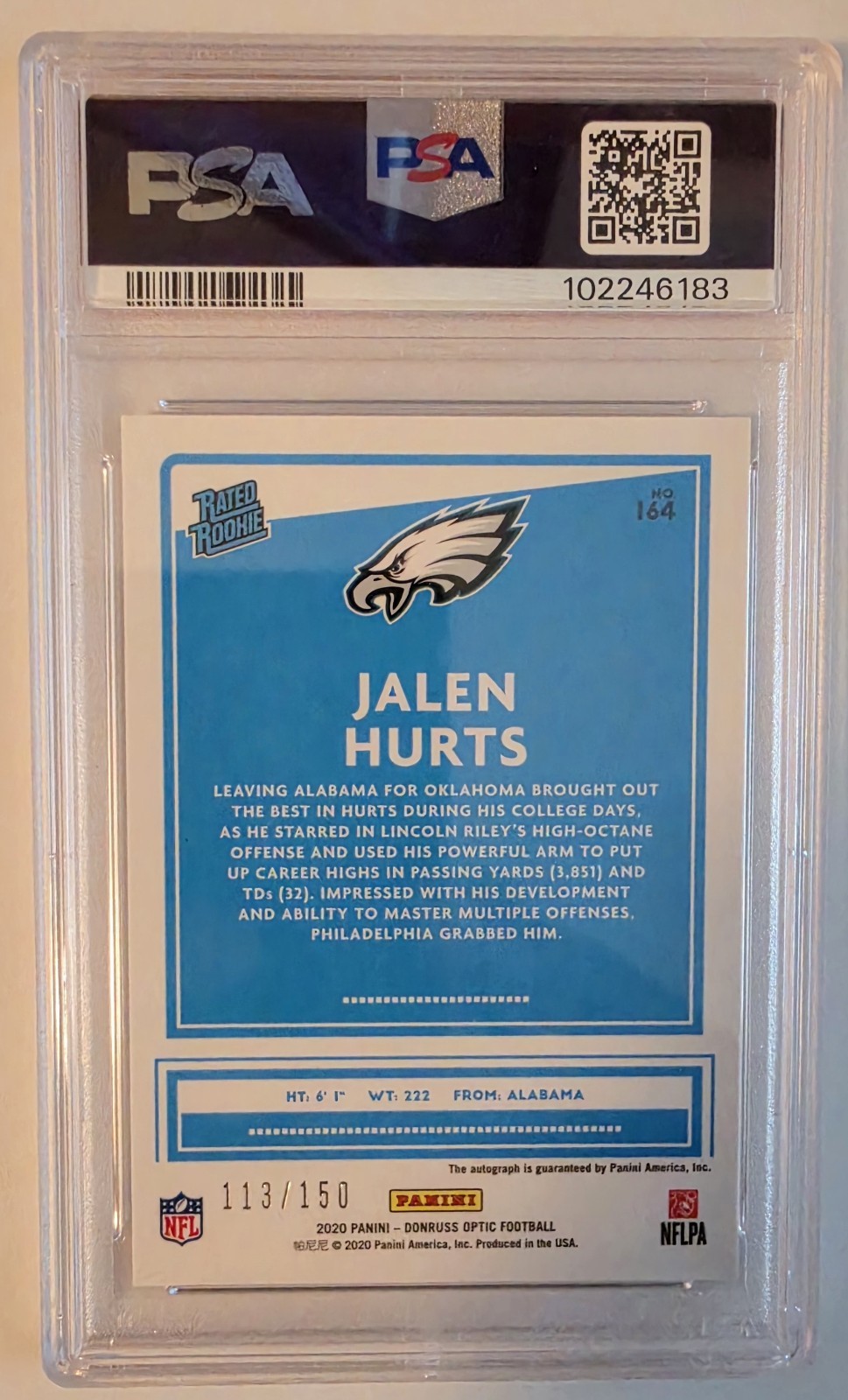 Panini 2020 Donruss Optic Rated Rookies Jalen Hurts RC Auto /150 #164 PSA 9 view 2