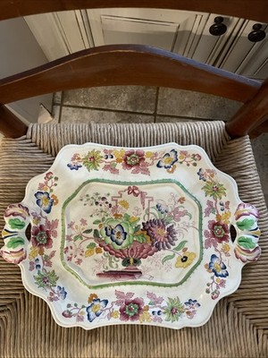 Beautiful Antique Masons England Floral Multi Color Platter  W/ Handles 15 X 11