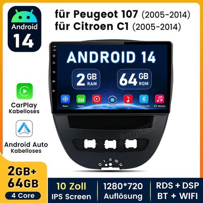 64G Android14 Apple Carplay Autoradio GPS Für Toyota Aygo Peugeot 107 Citroen C1