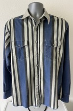 VINTAGE Wrangler Brushpopper Blue Black Stripes 16 1/2-36 Western Striped Shirt