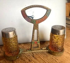 TERRA SANCTA GUILD 1970 SALT & PEPPER SET-AMBER GLASS-BRASS COLOR HOLDER-JUDAISM