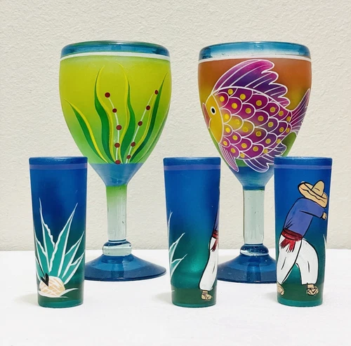 2 -Pc Mexican Hand Blown Painted Frosted Double Shot Glasses Agave Man Working