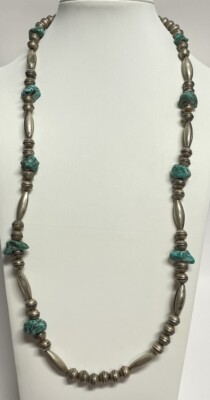 Sterling Silver Native American Hubei Turquoise And Silver Bead Necklace(24.88g)
