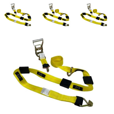 2'' x 11' Yellow Ratchet 3 Point Wheel Strap with 3 Rubber Tread Grabs Wire Hook