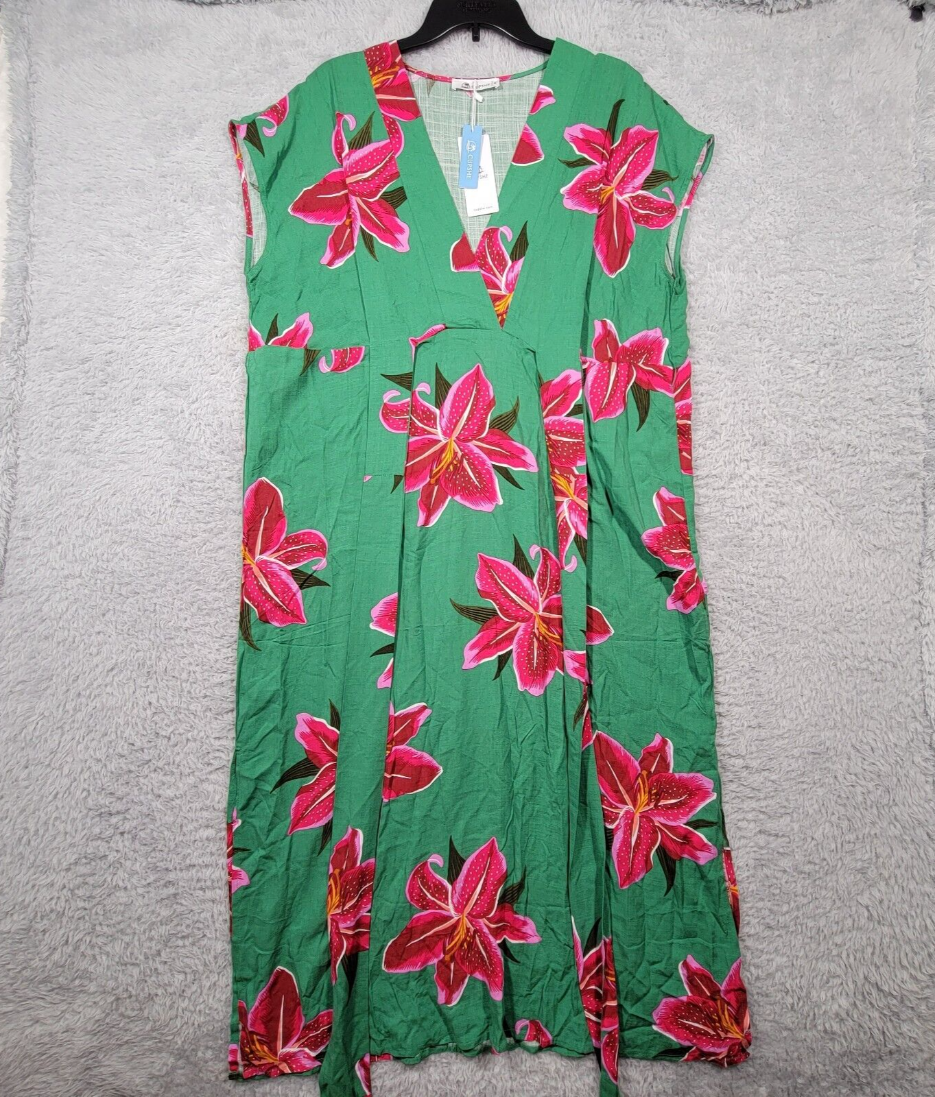 Cupshe Maxi Dress Womens Medium Green Floral Swim Cover Waist Tie Lightweight-image