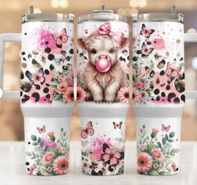 Baby Highland cow flowers, butterfly, pink 40oz Quencher Tumbler W/ Lid & Straw