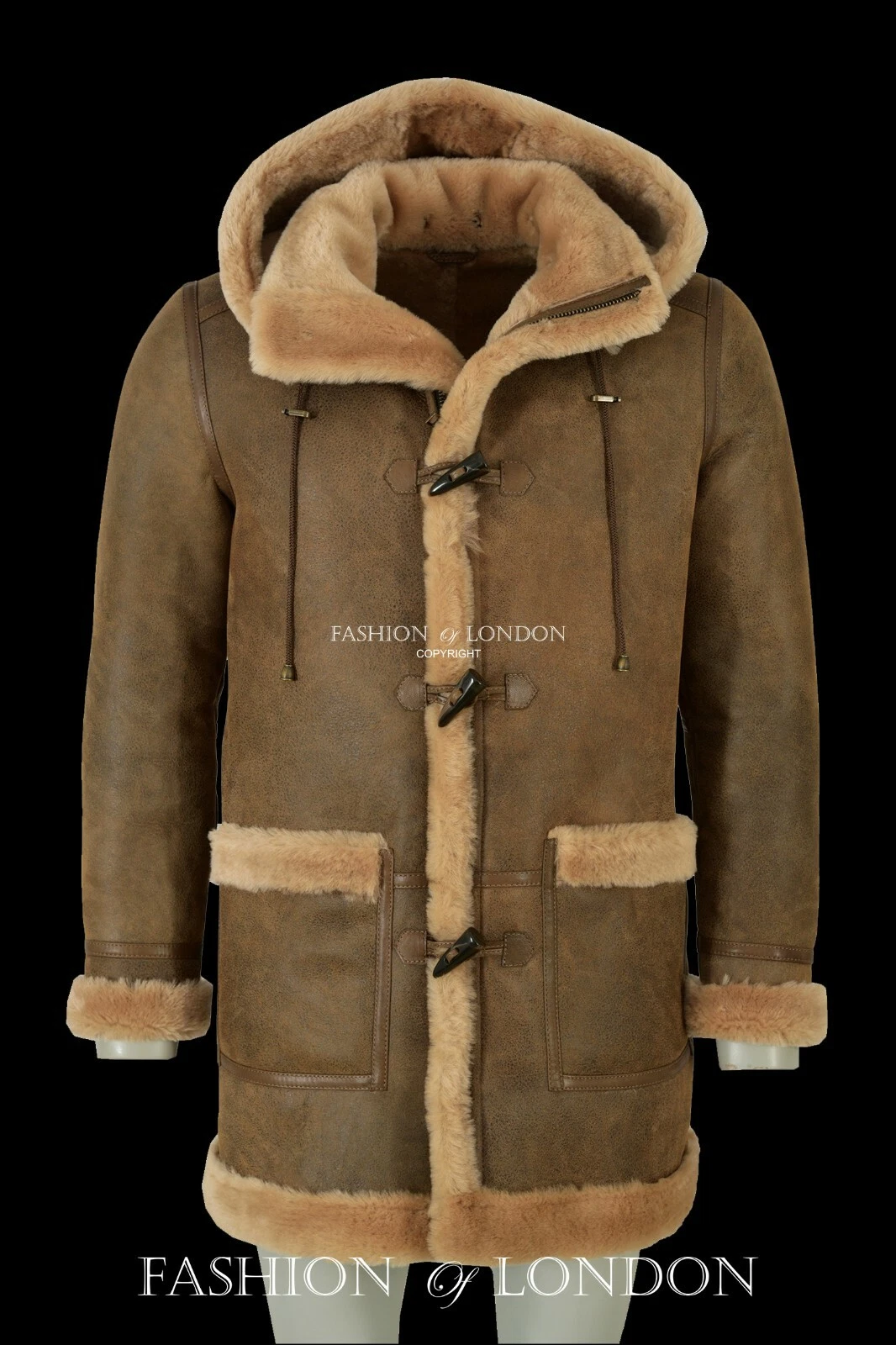 Mens Sheepskin Duffle Coat Fur Hood Natural Shearling Fur Long Hooded Coat
Opens in a new window or