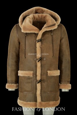 Mens Sheepskin Duffle Coat Fur Hood Natural Shearling Fur Long Hooded Coat