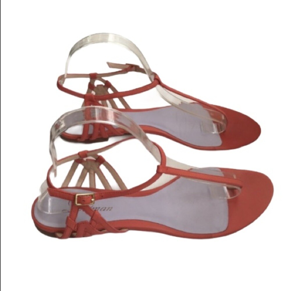 Delman Leather T-strap Thong Flat Sandals in Coral Pink Women's Size US 9.5