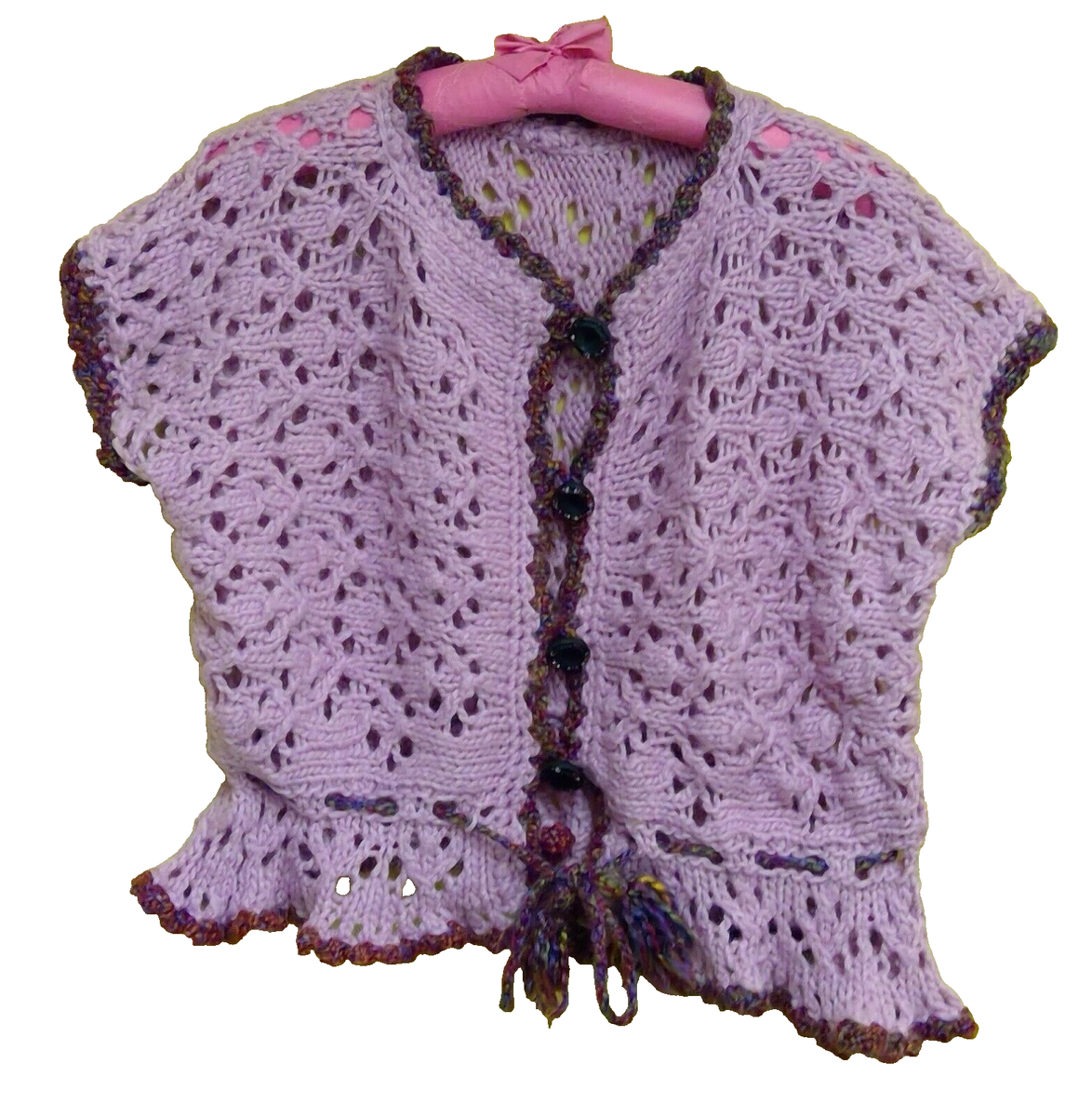 Open Knit Sweater Handmade Cardigan Hand Dyed Pink Yarn Chest: 50