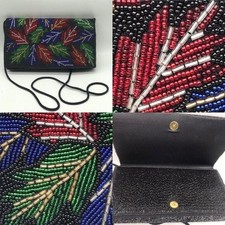 Y & S Original Vintage  Beaded Crossbody Green Red Leaf Pattern