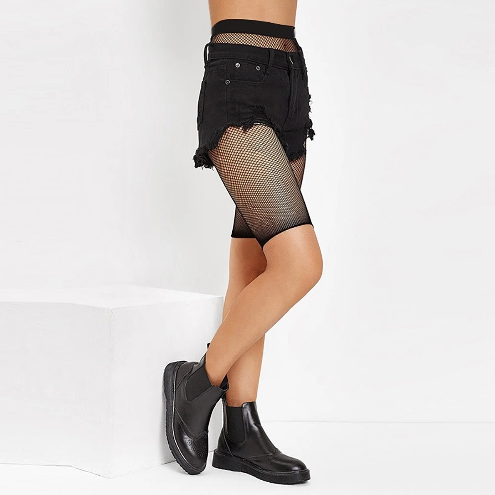 Womens See Through Fishnet Shorts High Waisted Knee Length