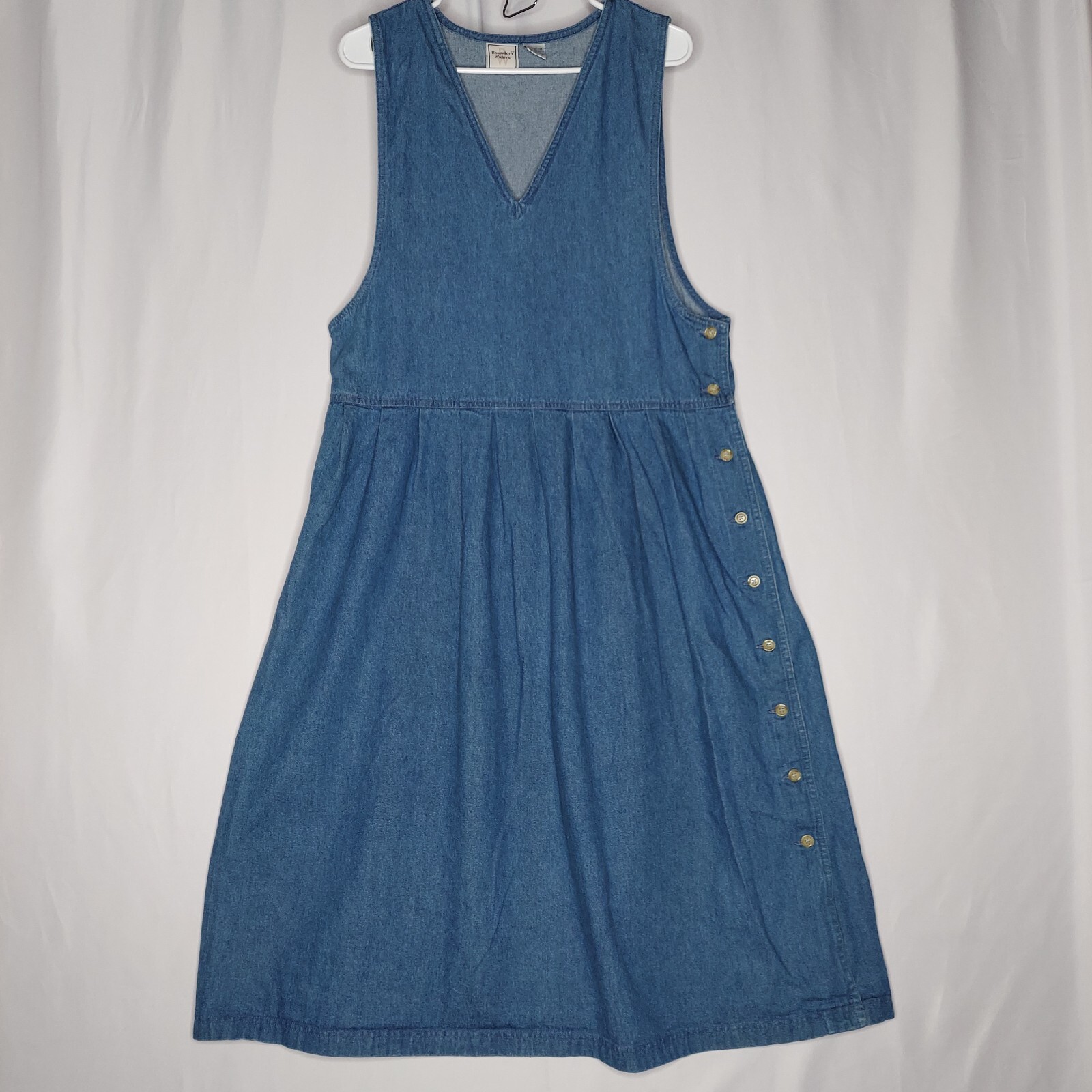Boundary Waters Vtg Denim Jumper Large Blue Sleeveless Midi Pleated Pocket VNeck