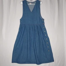 Boundary Waters Vtg Denim Jumper Large Blue Sleeveless Midi Pleated Pocket VNeck