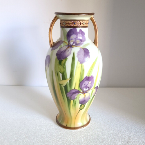 Vintage JAPANESE HAND PAINTED IRIS VASE Lamp Base WITH MORIAGE HANDLES 8.5" H - Picture 1 of 8