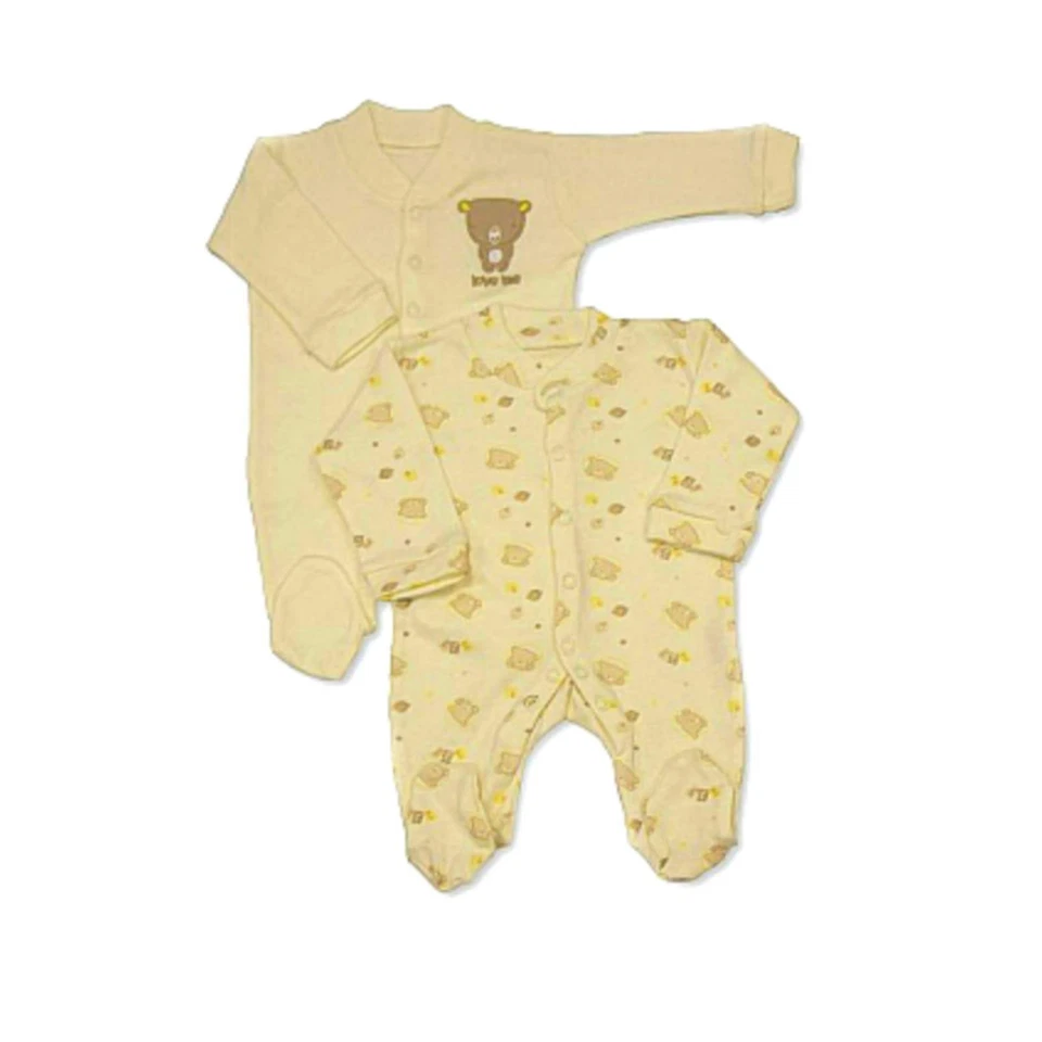 NURSERY TIME Baby Sleepsuits 2 Pack Long Sleeve, Newborn 0-18 Months, Cream Boy Girl, Cotton